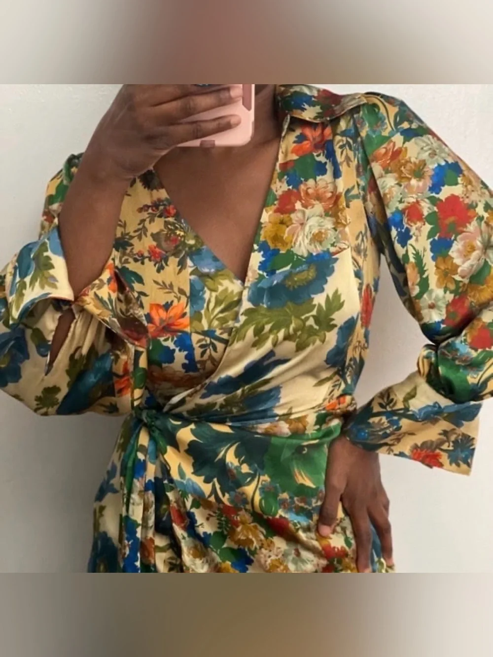 Zara Green Multi Floral Satin Wrap Dress - Picture 2 of 7